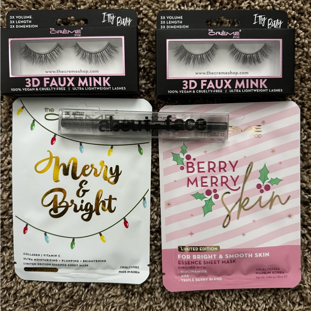 The Creme Shop Skincare and Faux Mink Lashes Set with About Face eyeliner